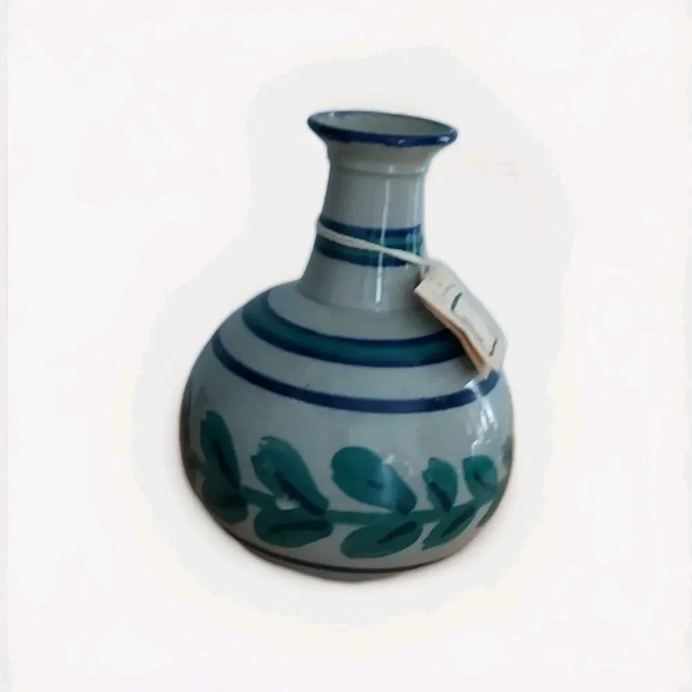 Vintage Peruvian Pottery Vase Ceramic Stoneware Green & Blue - Leaves 6.75